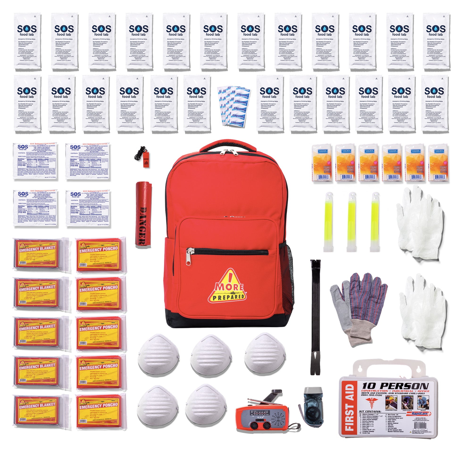 A comprehensive emergency preparedness kit arranged neatly on a white background, featuring a red backpack with a yellow warning label, first aid supplies, masks, gloves, reflective tape, a whistle, and numerous small sachets labeled SOS.