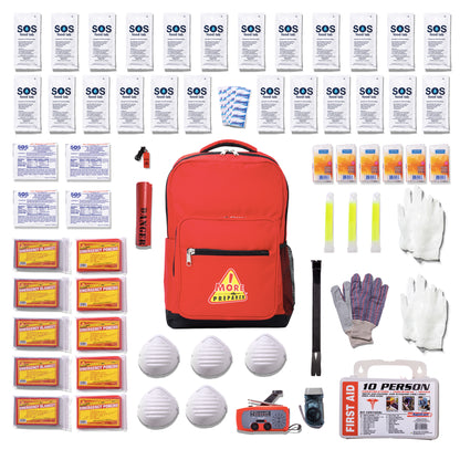 A comprehensive emergency preparedness kit arranged neatly on a white background, featuring a red backpack with a yellow warning label, first aid supplies, masks, gloves, reflective tape, a whistle, and numerous small sachets labeled SOS.