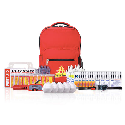 A red backpack emergency preparedness kit displayed on a white background, containing a first aid set, water purification tablets, flashlights, gloves, and other survival gear.