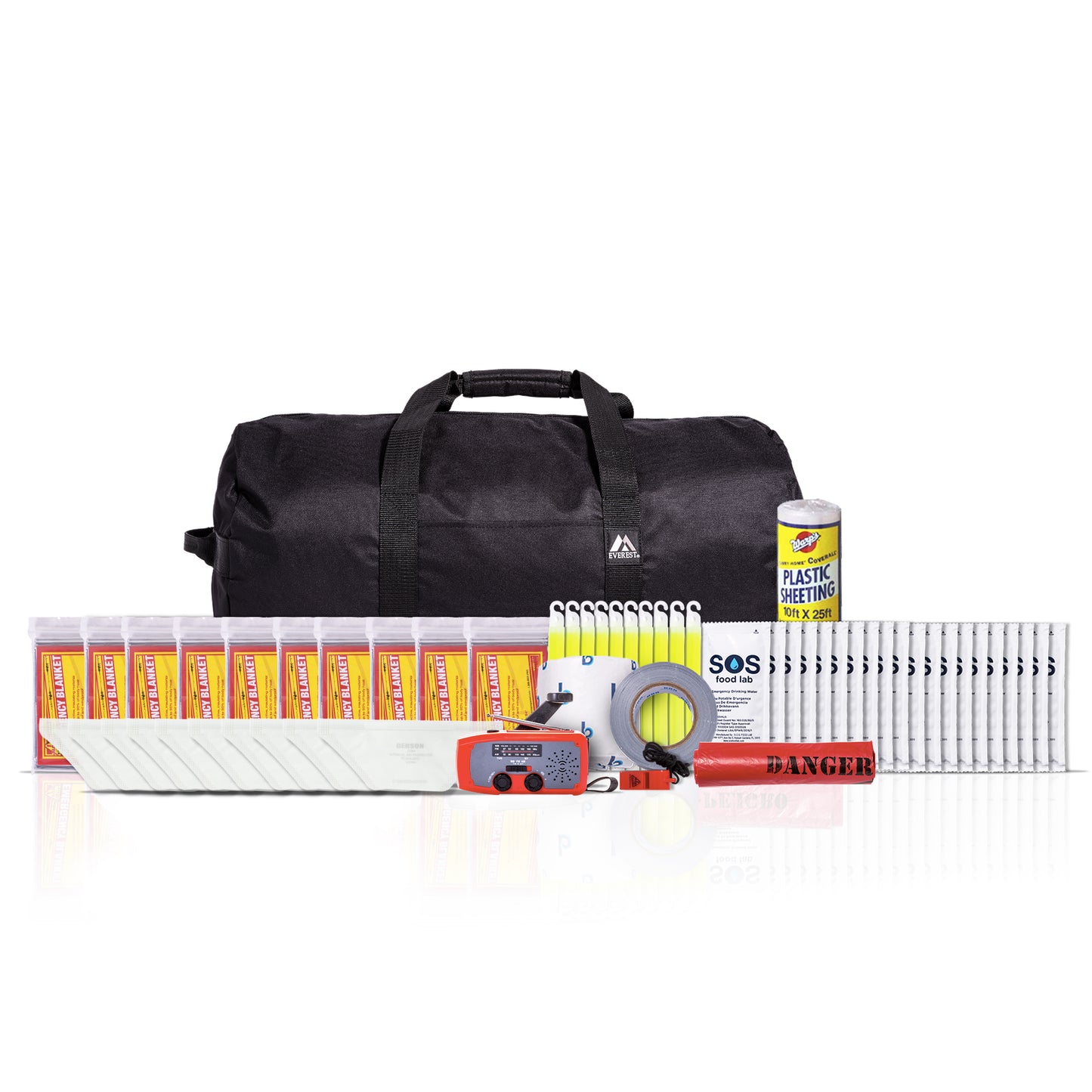 Emergency preparedness kit with a black duffel bag, first aid supplies, plastic water bottles, a can of plastic mulch, a roll of duct tape, a red/orange whistle, and other survival gear arranged on a white background.