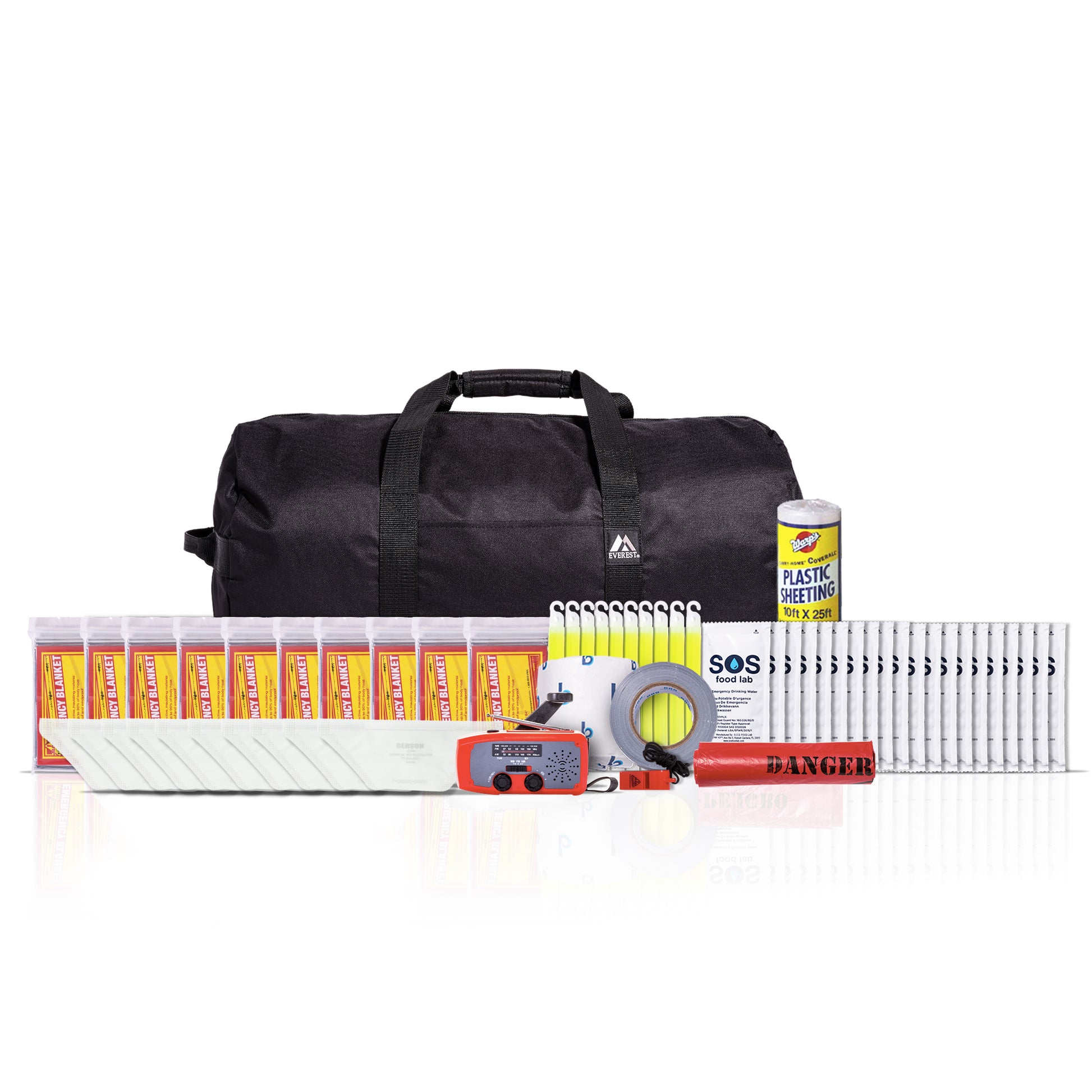 Emergency preparedness kit with a black duffel bag, first aid supplies, plastic water bottles, a can of plastic mulch, a roll of duct tape, a red/orange whistle, and other survival gear arranged on a white background.