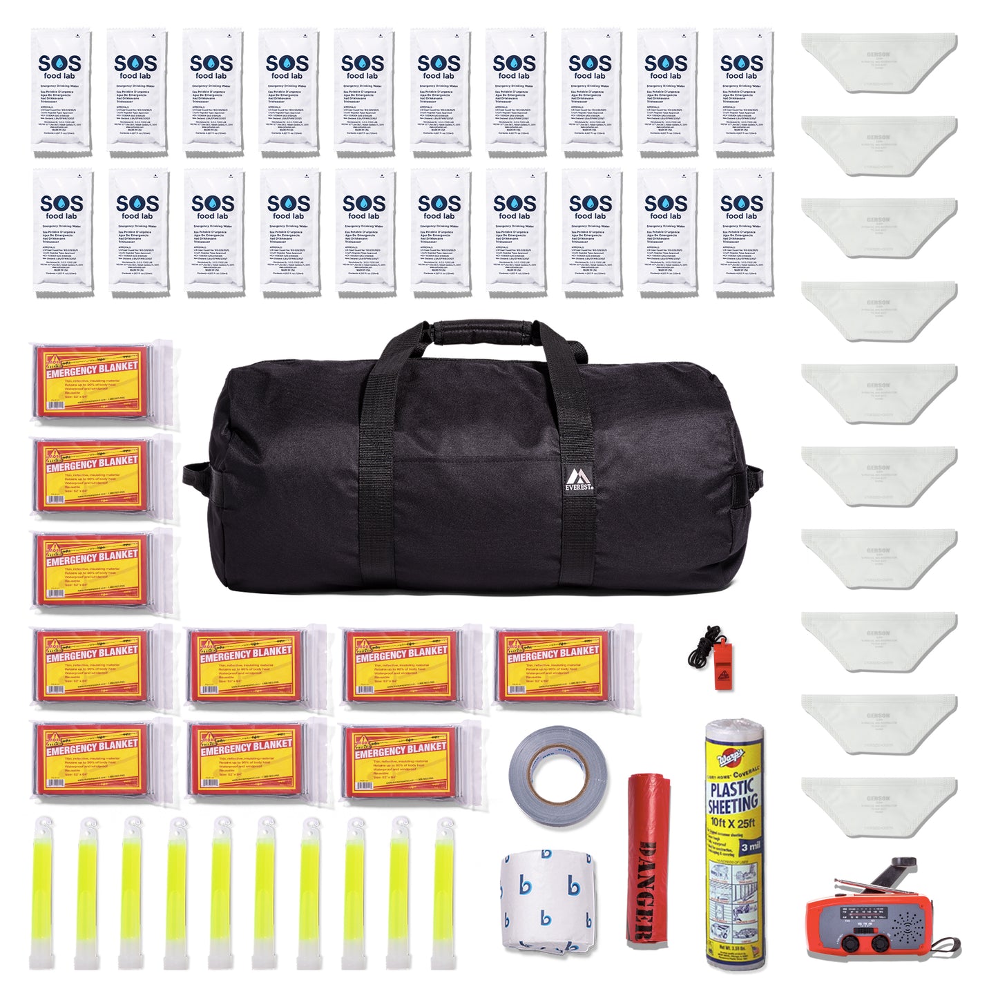 SOS emergency preparedness kit laid out on a white background, featuring a black duffel bag, multiple packets of SOS wipes, plastic masks, duct tape, glow sticks, a roll of duct tape, a can of plastic wrap, a fire starter, and a whistle.
