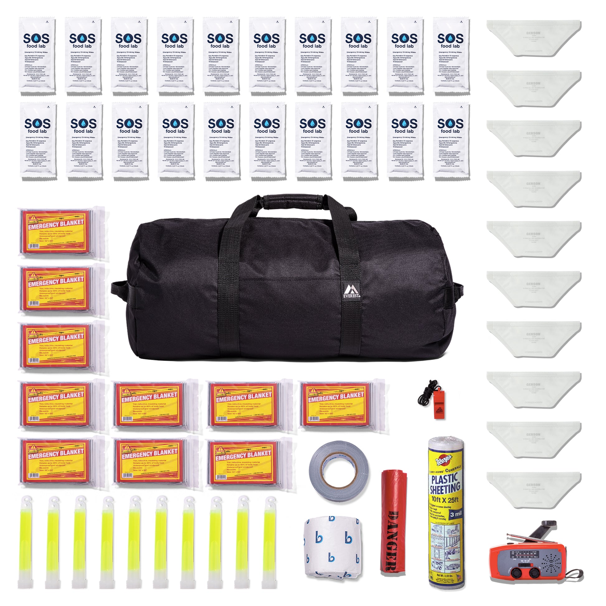 SOS emergency preparedness kit laid out on a white background, featuring a black duffel bag, multiple packets of SOS wipes, plastic masks, duct tape, glow sticks, a roll of duct tape, a can of plastic wrap, a fire starter, and a whistle.