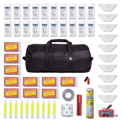 SOS emergency preparedness kit laid out on a white background, featuring a black duffel bag, multiple packets of SOS wipes, plastic masks, duct tape, glow sticks, a roll of duct tape, a can of plastic wrap, a fire starter, and a whistle.