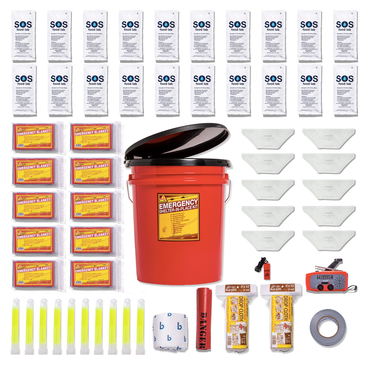 An emergency preparedness and survival kit laid out on a white background, featuring a red bucket with a black lid, multiple packets of SOS food cap, emergency blankets, bandages, plastic wrap, duct tape, a whistle, a signal mirror, and other survival supplies.
