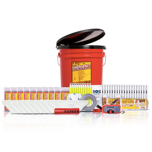 Emergency spill kit with a red bucket, spill cloths, absorbents, a spill kit can, a spill kit box, and other safety supplies arranged on a white background.
