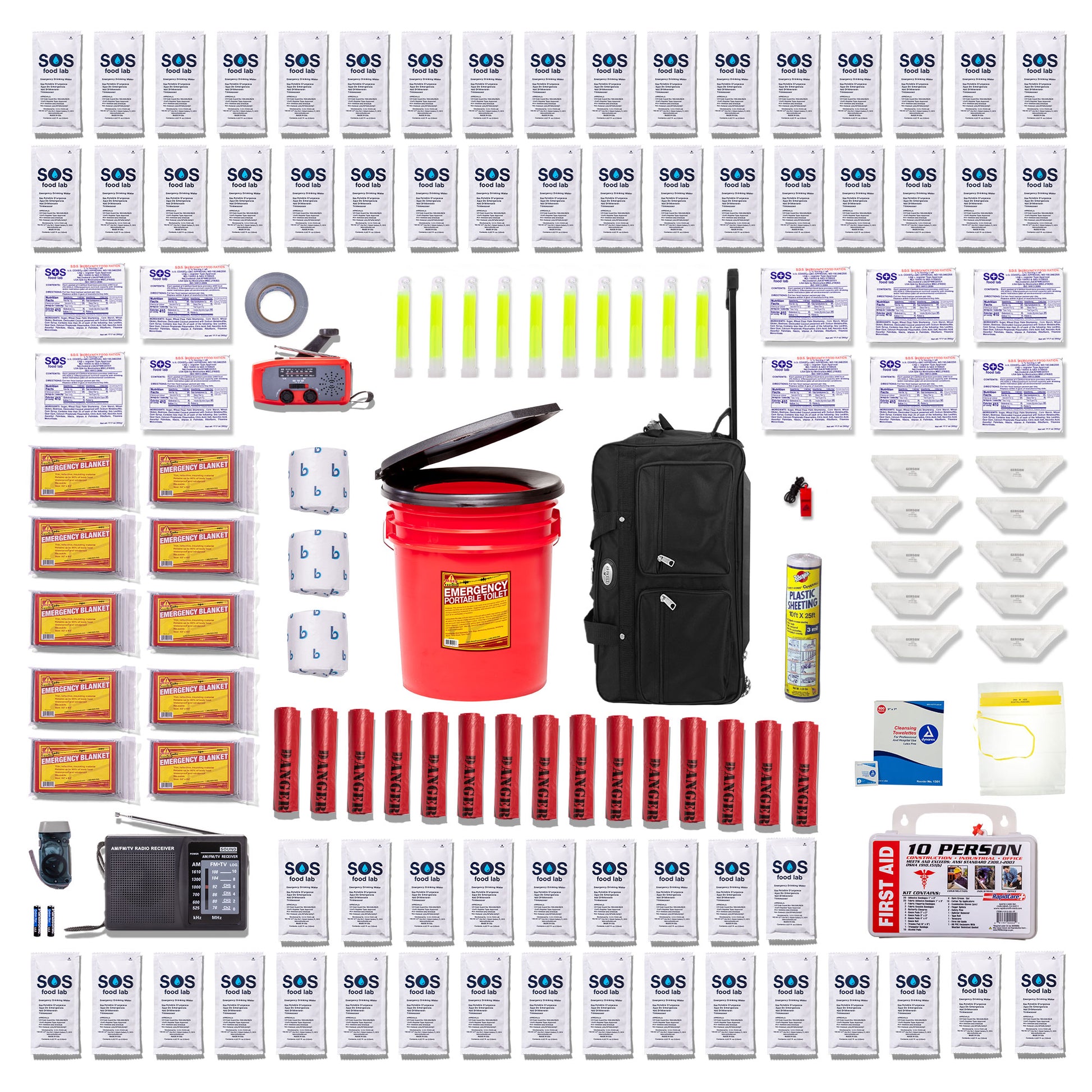 A comprehensive emergency preparedness and survival kit laid out in a grid format on a white background. The kit includes a red bucket with a black toilet seat lid, a black wheeled duffel, a portable radio, multiple packs of SOS food bars and water pouches, n95 masks, emergency supplies, first aid materials, flashlights, duct tape, and other survival gear.