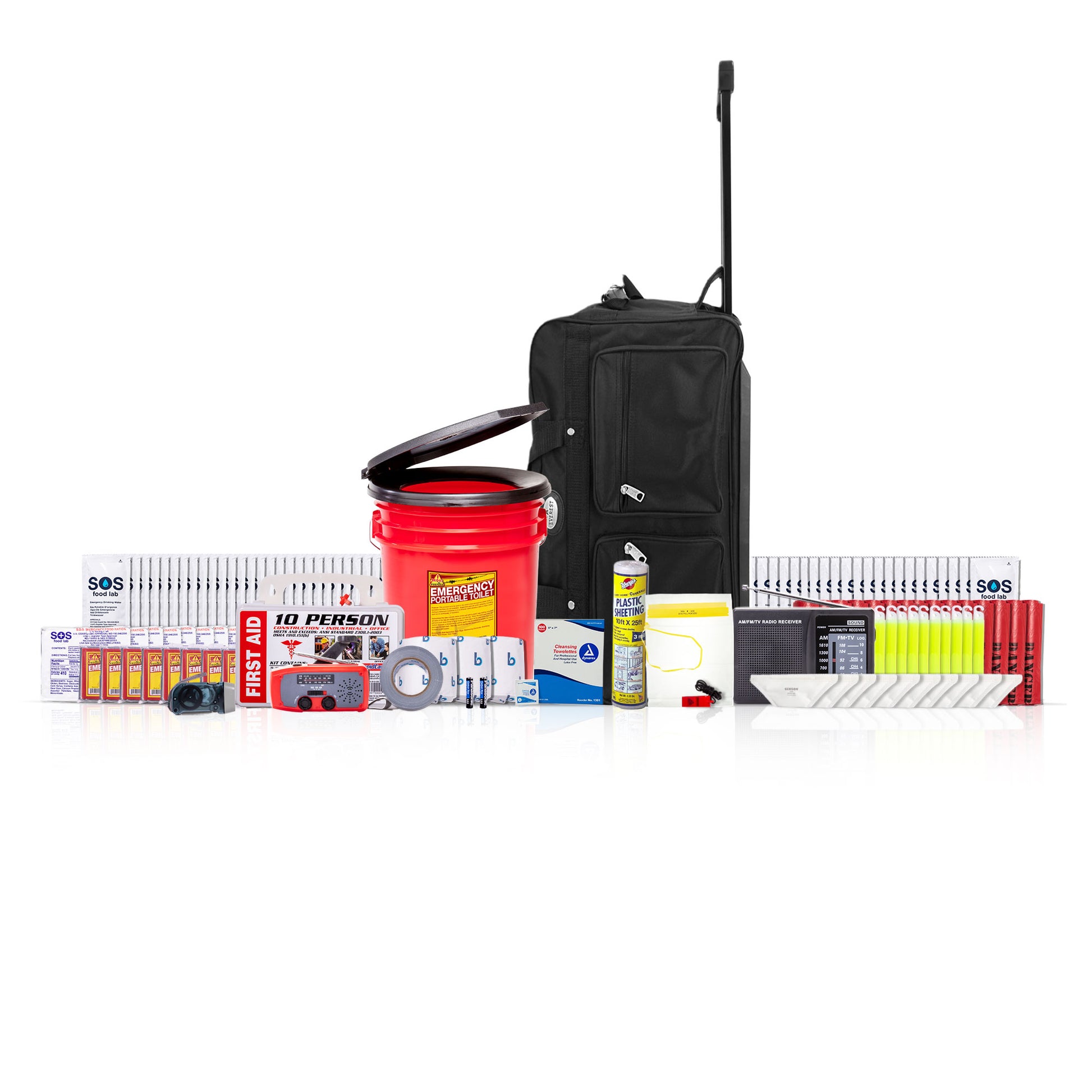A survival and emergency preparedness kit arranged on a white background, featuring a black rolling duffel, a red plastic bucket with a black toilet seat lid, first-aid kit, food bars, water pouches, a whistle, a flashlight, and other survival gear.