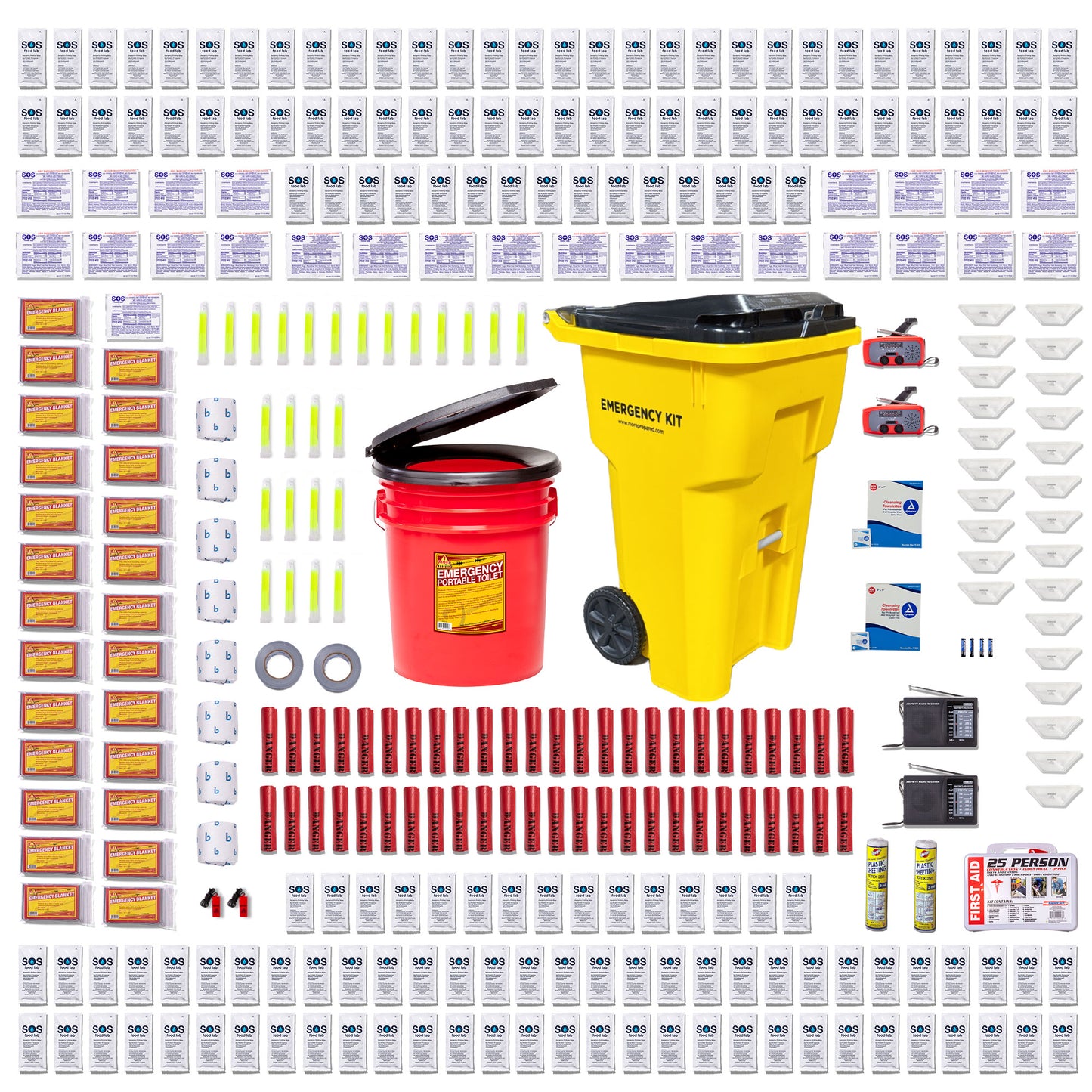 An emergency preparedness kit layout featuring a yellow rolling trash can, a red bucket with toilet seat/lid, many water pouches and food bars, blankets, masks, lights sticks, and other survival supplies on a plain white background.