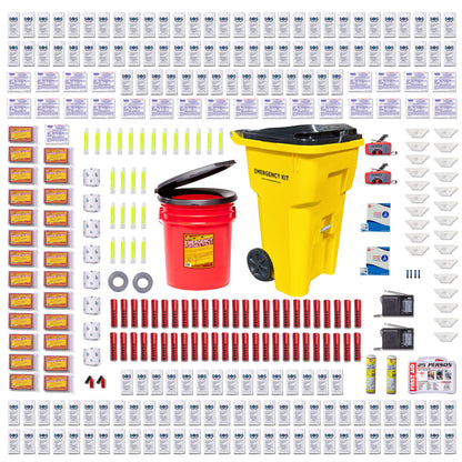 An emergency preparedness kit layout featuring a yellow rolling trash can, a red bucket with toilet seat/lid, many water pouches and food bars, blankets, masks, lights sticks, and other survival supplies on a plain white background.