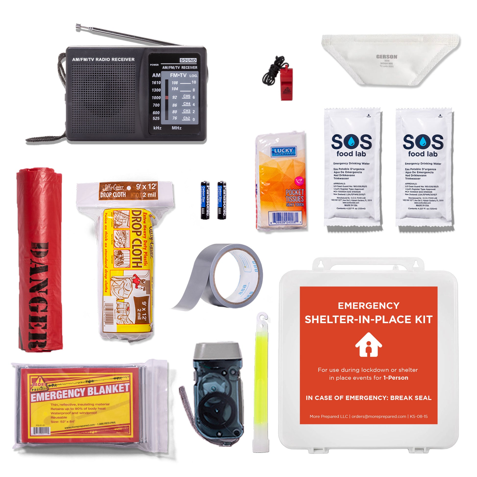 Emergency shelter-in-place kit laid out on a white background, including a black AM radio, face mask, red whistle,  two SOS water packets, a red sanitation bag, drop cloth, tape, batteries, emergency blanket, whistle, flashlight, and a white plastic case with orange label.