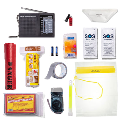 A comprehensive emergency preparedness kit laid out on a white background, featuring a black AM/FM radio, a roll of duct tape, a sanitation bag, two packets of SOS water, an emergency blanket, a whistle, a flashlight, and other survival gear.