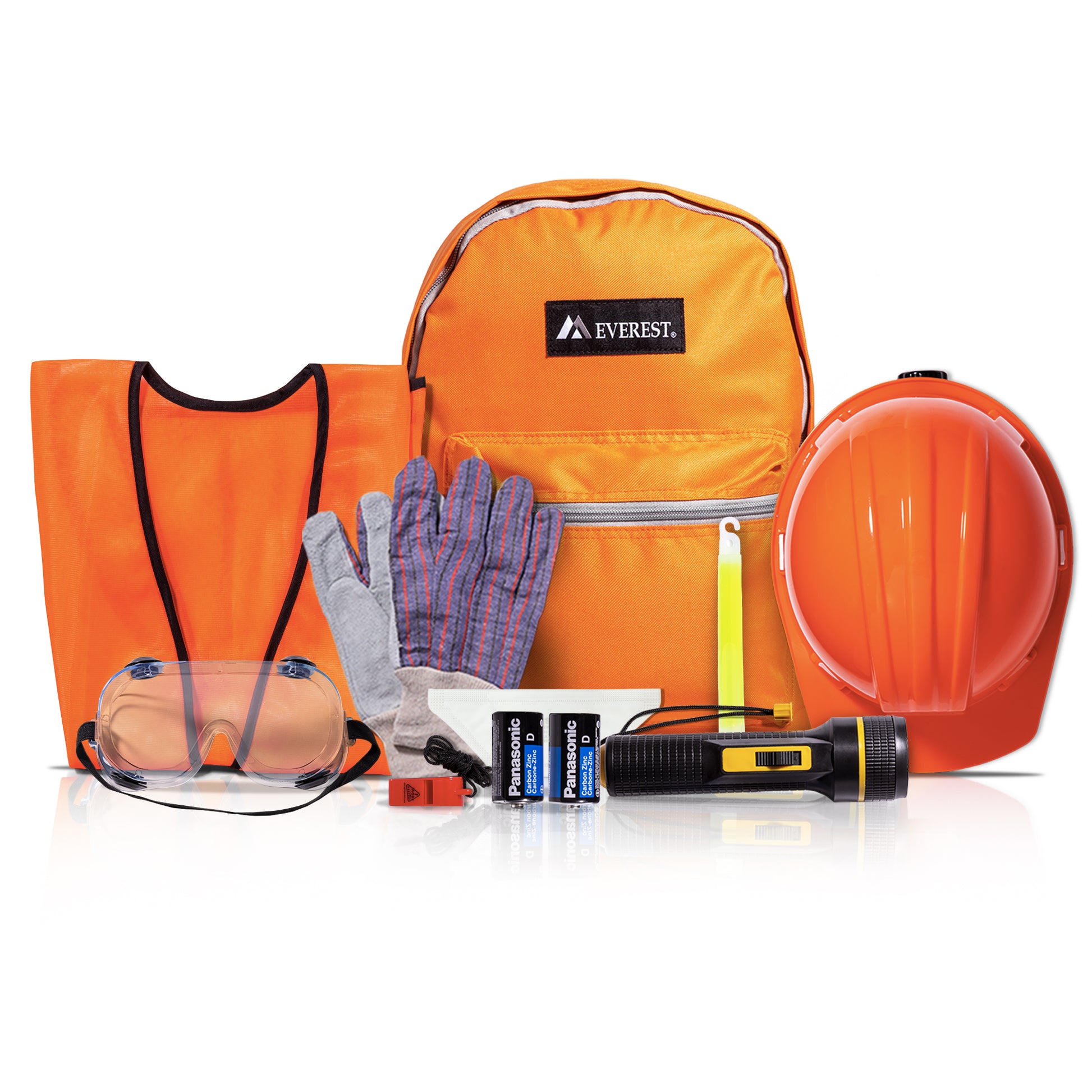 An emergency preparedness and safety kit displayed on a white background, featuring an orange backpack with an Everest logo, an orange high-visibility vest, a hard orange safety helmet, gray work gloves, clear safety goggles, a black and yellow flashlight, two batteries, and a small red/orange tool.