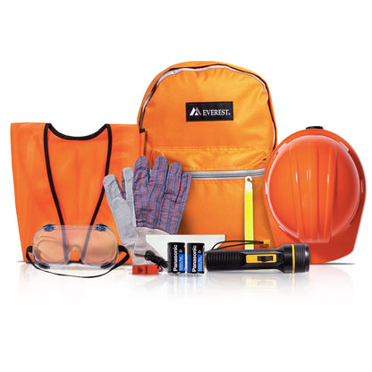 An emergency preparedness and safety kit displayed on a white background, featuring an orange backpack with an Everest logo, an orange high-visibility vest, a hard orange safety helmet, gray work gloves, clear safety goggles, a black and yellow flashlight, two batteries, and a small red/orange tool.