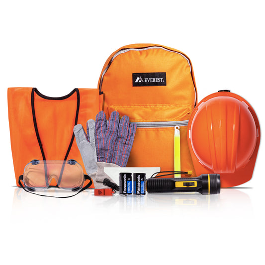 An emergency preparedness and safety kit displayed on a white background, featuring an orange backpack with an Everest logo, an orange high-visibility vest, a hard orange safety helmet, gray work gloves, clear safety goggles, a black and yellow flashlight, two batteries, and a small red/orange tool.
