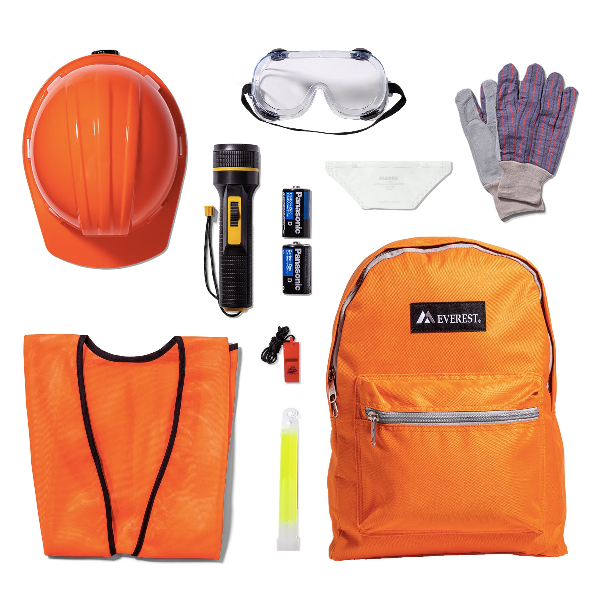 A flat-lay collection of orange construction safety gear and accessories on a white background, including an orange hard hat, high-visibility vest, orange backpack, safety goggles, work gloves, flashlight, batteries, whistle, and a fluorescent marker.