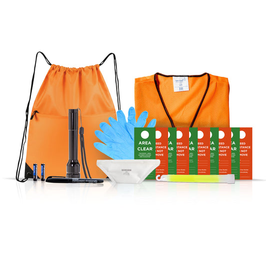 A first aid and safety kit set displayed on a white background, including an orange drawstring bag, orange mesh vest, blue gloves, a black flashlight, n95 mask, red and green door hangers and more supplies