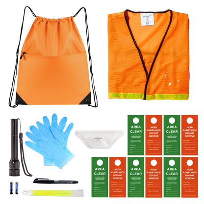 Emergency response kit containing an orange drawstring backpack, an orange high-visibility mesh vest, blue disposable gloves, a black flashlight, a white face mask, a black marker, two batteries, and multiple green and red door hangers