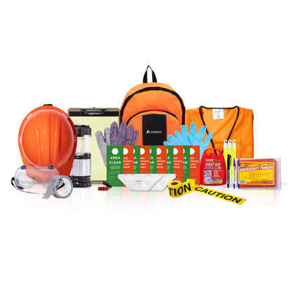 A comprehensive emergency preparedness and safety kit arranged on a white background, featuring an orange hard hat, goggles, an orange backpack, a high-visibility orange vest, nitrile and leather palm gloves, a lantern, caution tape, and other emergency supplies