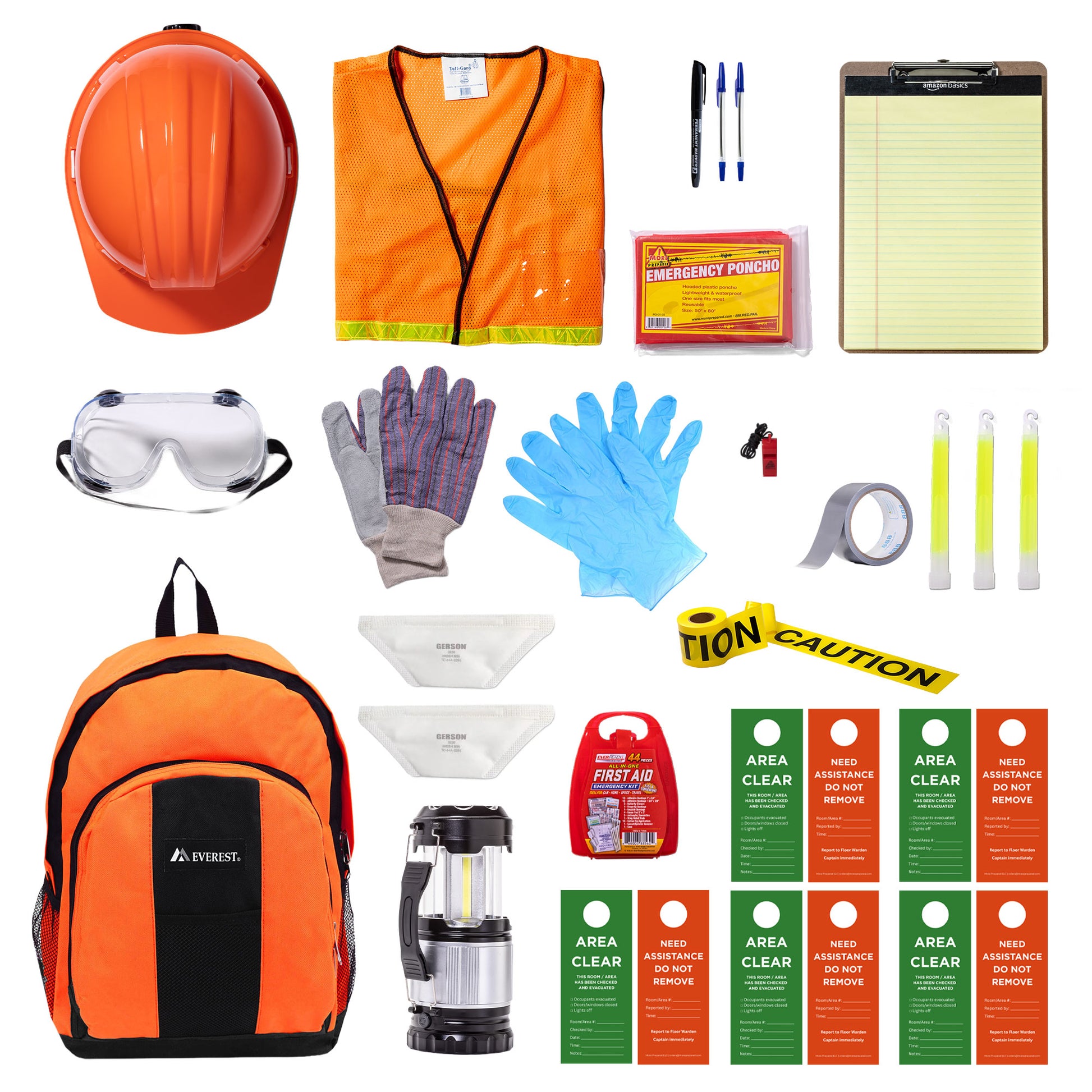 A comprehensive emergency preparedness and safety kit laid out on a white background, featuring an orange construction helmet, high-visibility orange vest, safety glasses, work gloves, blue disposable gloves, a clipboard, emergency pouch, first aid kit, reflective tape, glow sticks, a lantern, and multiple red and green door hangers