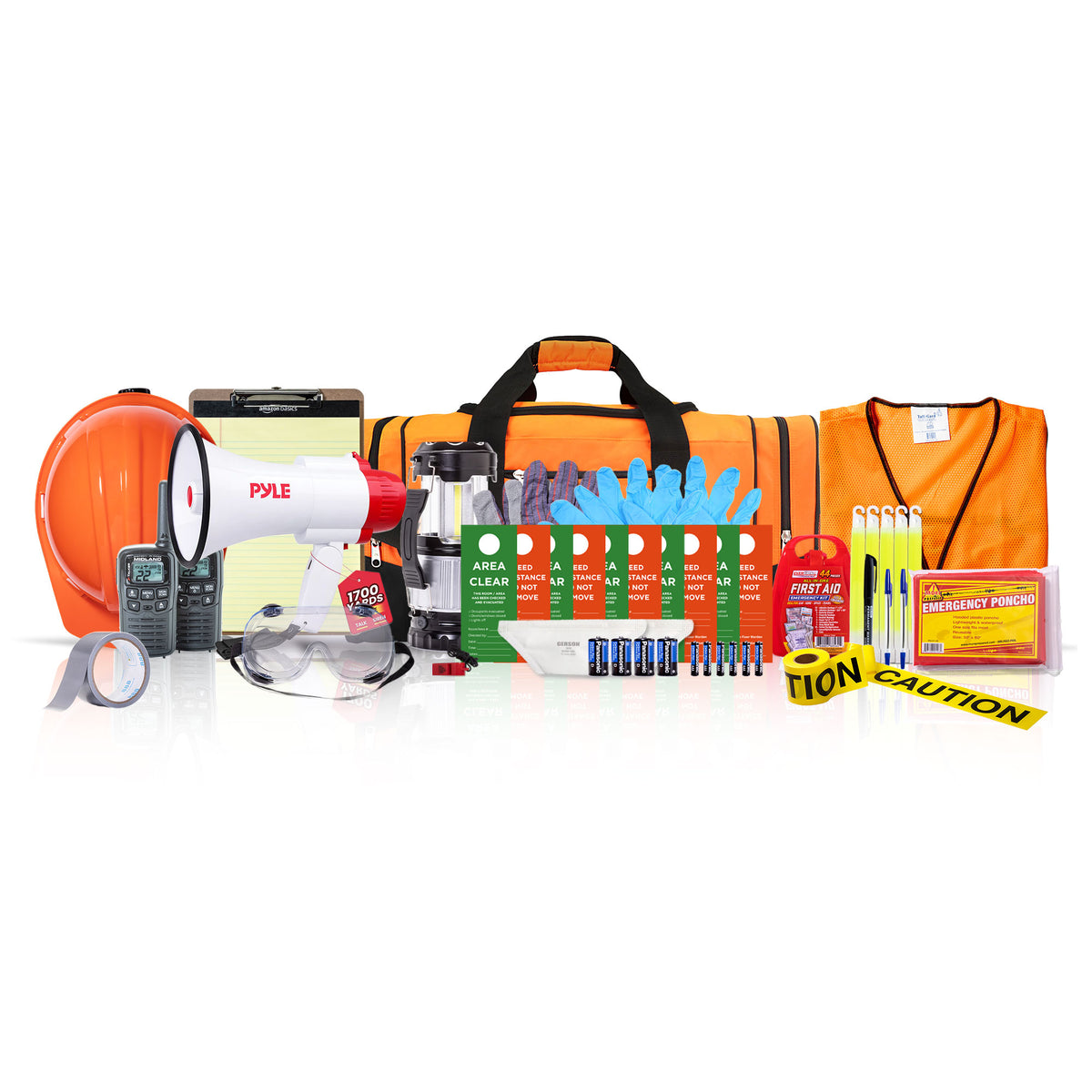 A comprehensive emergency preparedness and safety kit displayed on a clean white background. The kit includes an orange hard hat, a white and red Pyle megaphone, a walkie-talkie, clear safety glasses, a green and white first aid kit, multiple boxes of Pyle emergency batteries, blue gloves, a bright orange carrying bag, reflective caution tape, and other safety accessories.