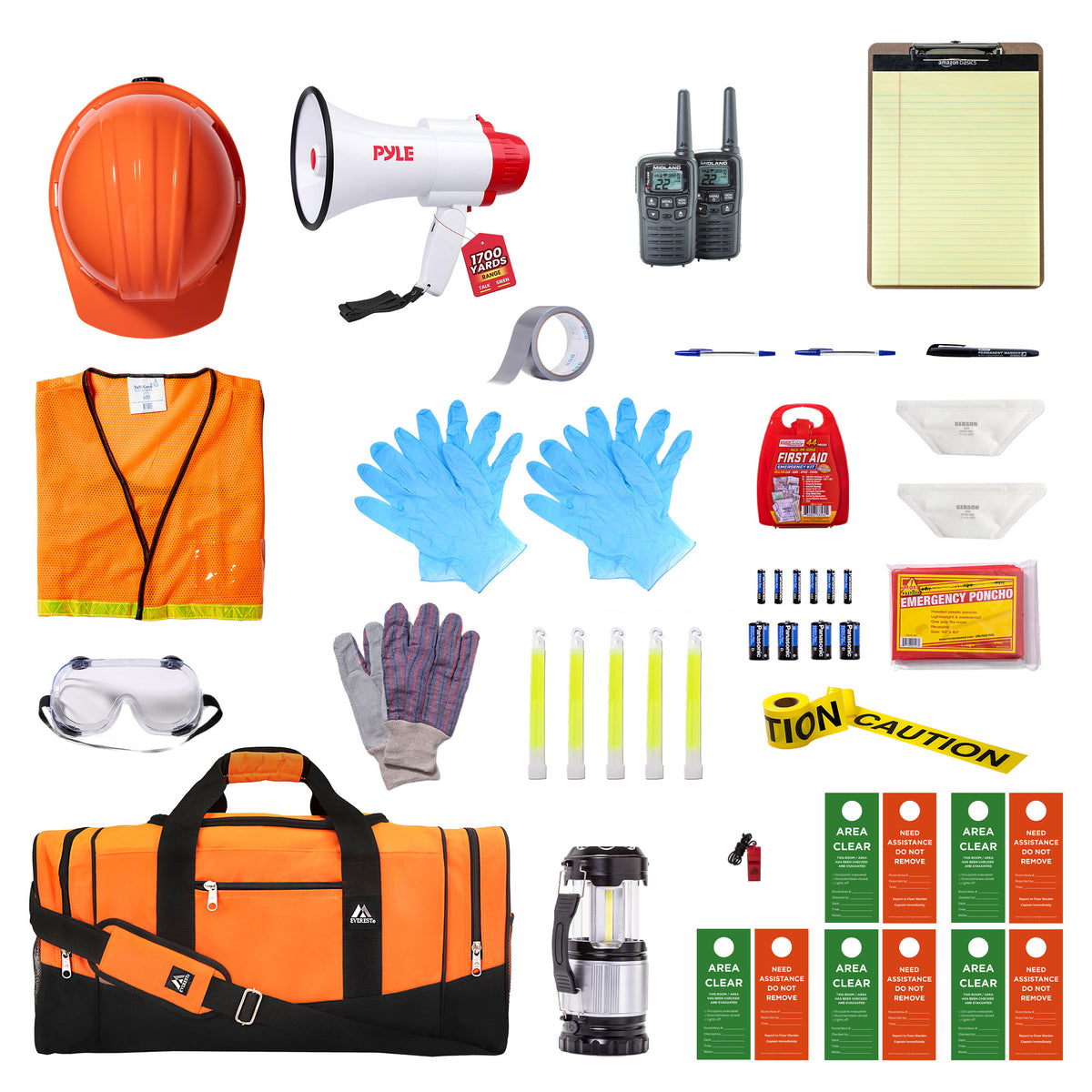 A comprehensive emergency preparedness and safety kit laid out on a white background, featuring an orange hard hat, safety vest, megaphone, walkie-talkies, clipboard, gloves, goggles, flashlight, lantern, and various other safety and emergency supplies.