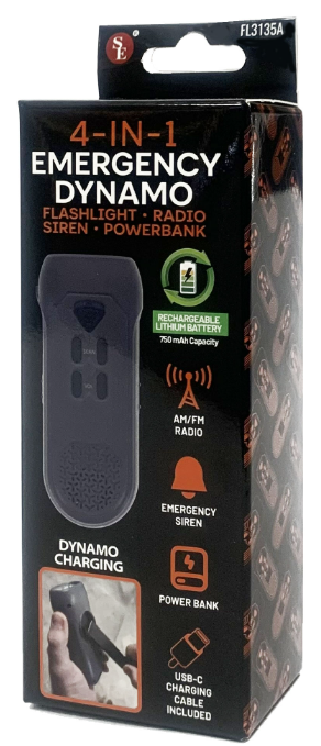 Sona FL3135A-12 4-IN-1 Rechargeable Dynamo AM/FM Radio, Power Bank, Flashlight