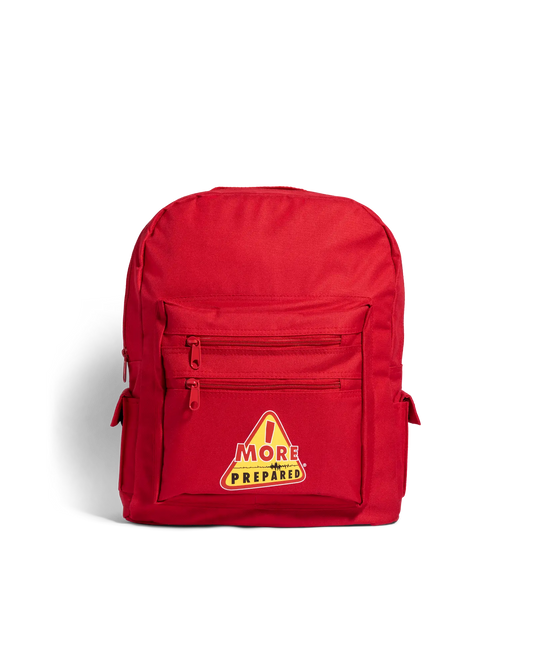 Red Backpack with More Prepared Logo