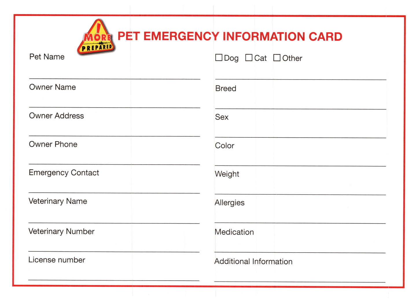 Pet Emergency Information Card