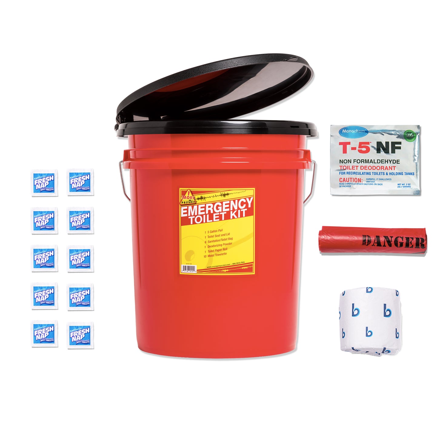 Emergency toilet kit set including a red plastic bucket with a black lid, a yellow emergency toilet kit label, T-5 NF non-formaldehyde toilet decodant packets, a red warning tape roll, and a white bandage with blue 'b' logos, all arranged on a white background.