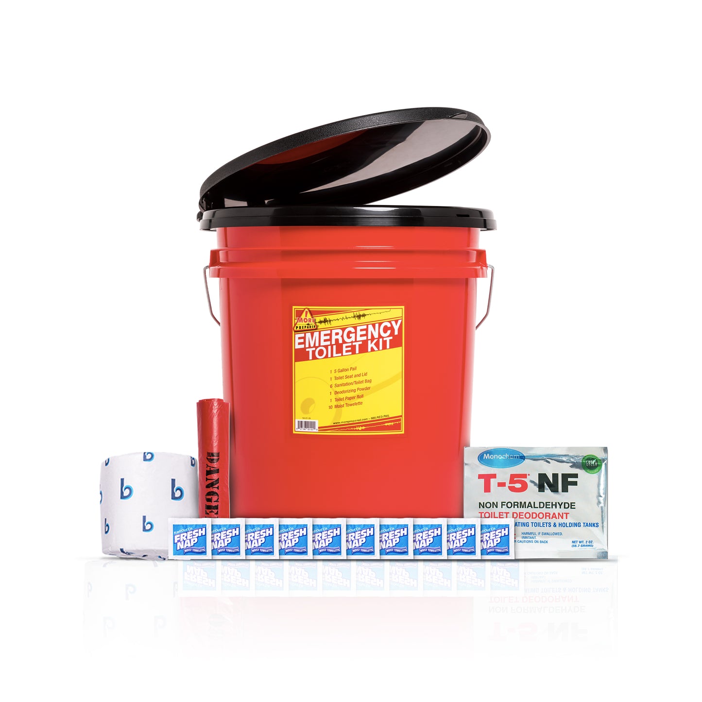 Emergency toilet kit set including a red plastic bucket with a black lid, a roll of white toilet paper, a red stick, and packaged chemicals on a white background.