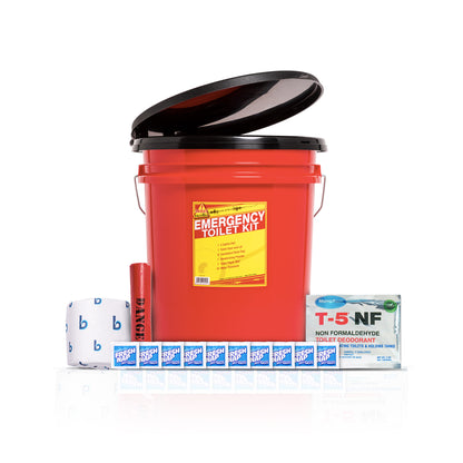 Emergency toilet kit set including a red plastic bucket with a black lid, a roll of white toilet paper, a red stick, and packaged chemicals on a white background.