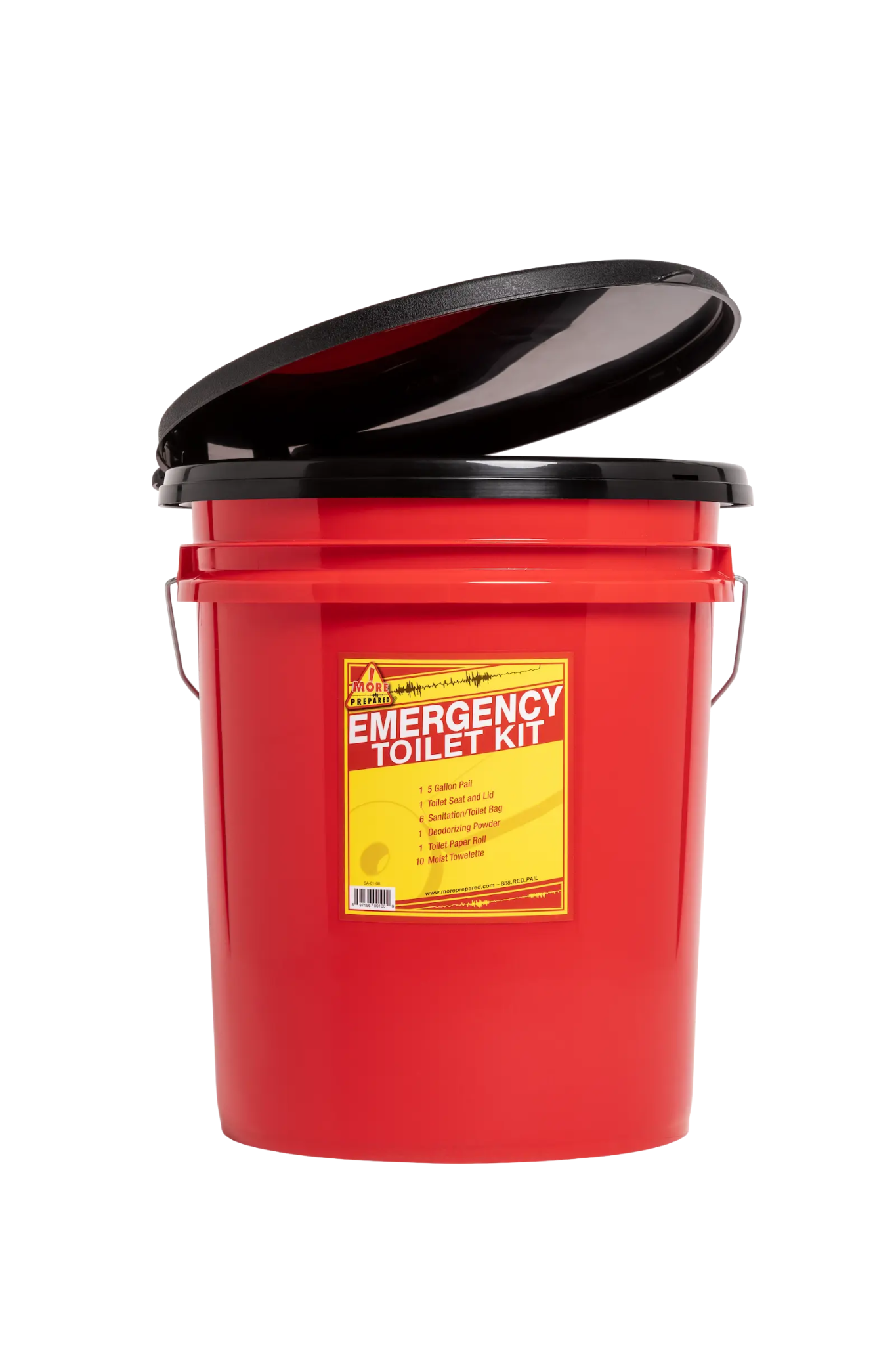 A red plastic emergency toilet kit bucket with a black lid, shown on a plain white background. The front features a yellow label with the text 'EMERGENCY TOILET KIT' and a small logo at the top left.