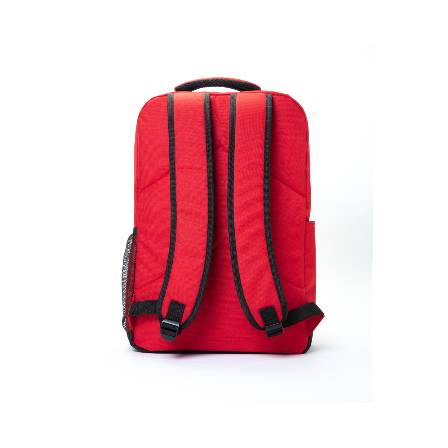 A bright red backpack shown from the back, featuring black padded shoulder straps, black trim, and a black top handle, photographed against a clean white background.