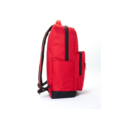 A red backpack with black accents, including the base, zipper trims, and shoulder strap lining, shown from a side profile view on a white background.