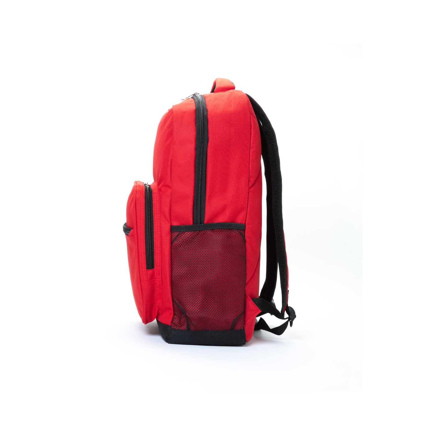A red backpack with black zippers, black mesh pocket, and black shoulder straps, shown from the side on a white background.
