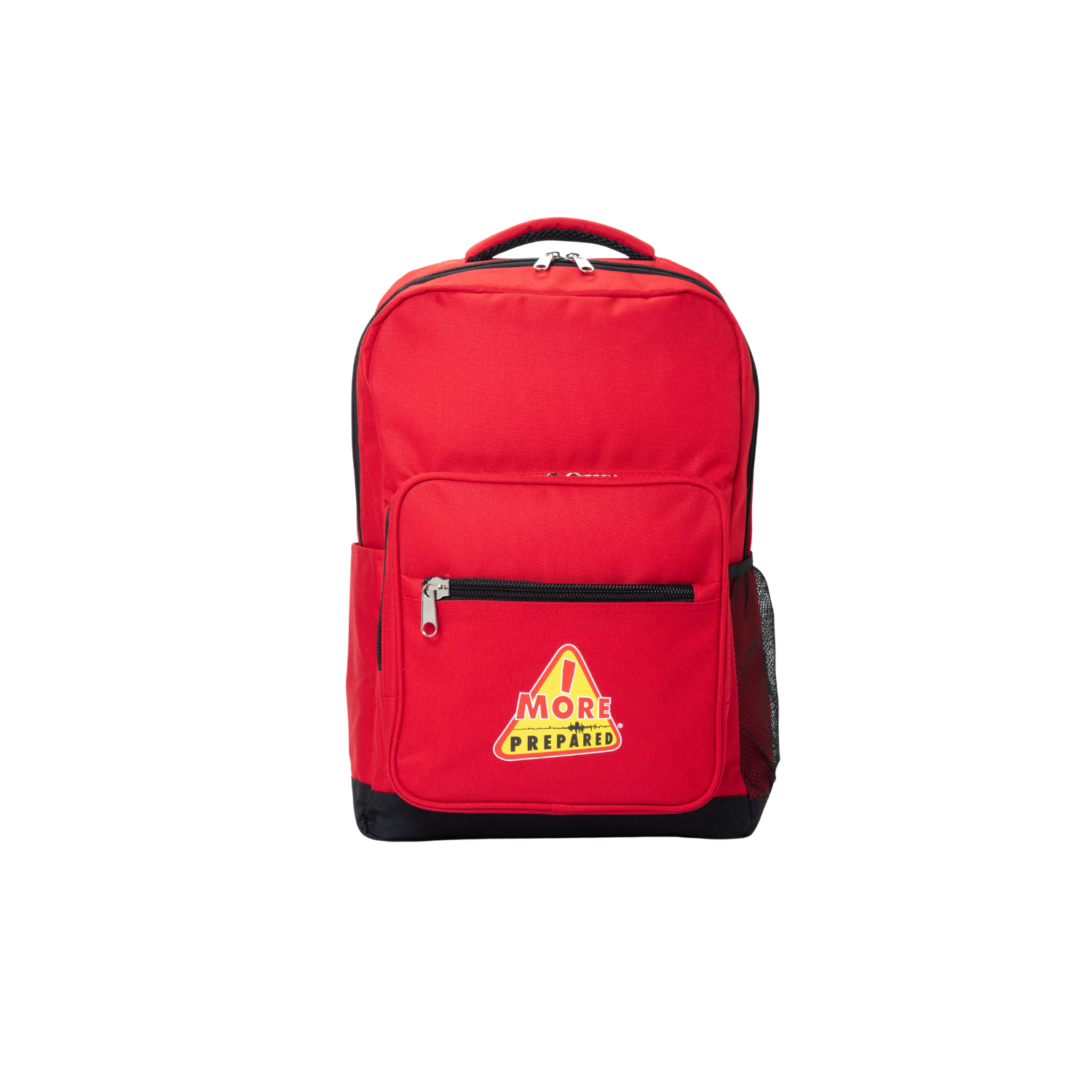 A red backpack with black trim and a yellow and red 'More Prepared' logo patch on the front pocket, shown against a plain white background.