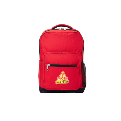 A red backpack with black trim and a yellow and red 'More Prepared' logo patch on the front pocket, shown against a plain white background.