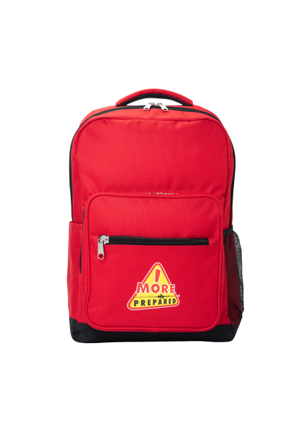 A red backpack with black trim and a yellow and red 'I MORE PREPARED' logo patch on the front pocket, shown against a plain white background.