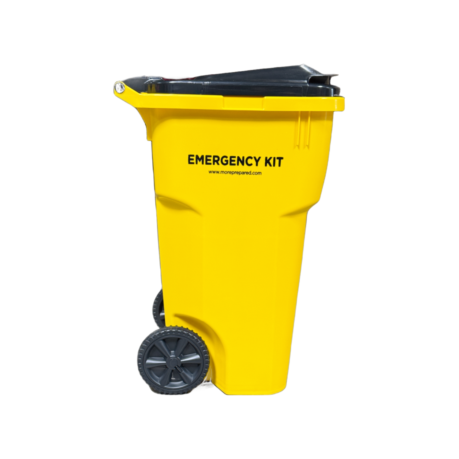 A bright yellow plastic emergency kit bin with a black lid and black wheels, featuring the text 'EMERGENCY KIT' and a website URL printed on the side.