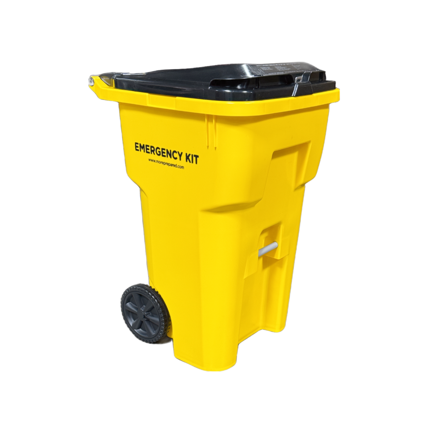 A bright yellow plastic emergency kit storage bin with a black lid and a single black wheel, shown on a plain white background.