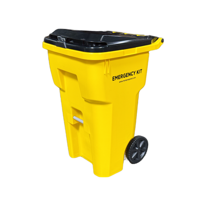 A bright yellow emergency kit wheeled bin with a black lid and black wheels, featuring the text 'EMERGENCY KIT' printed on the side.