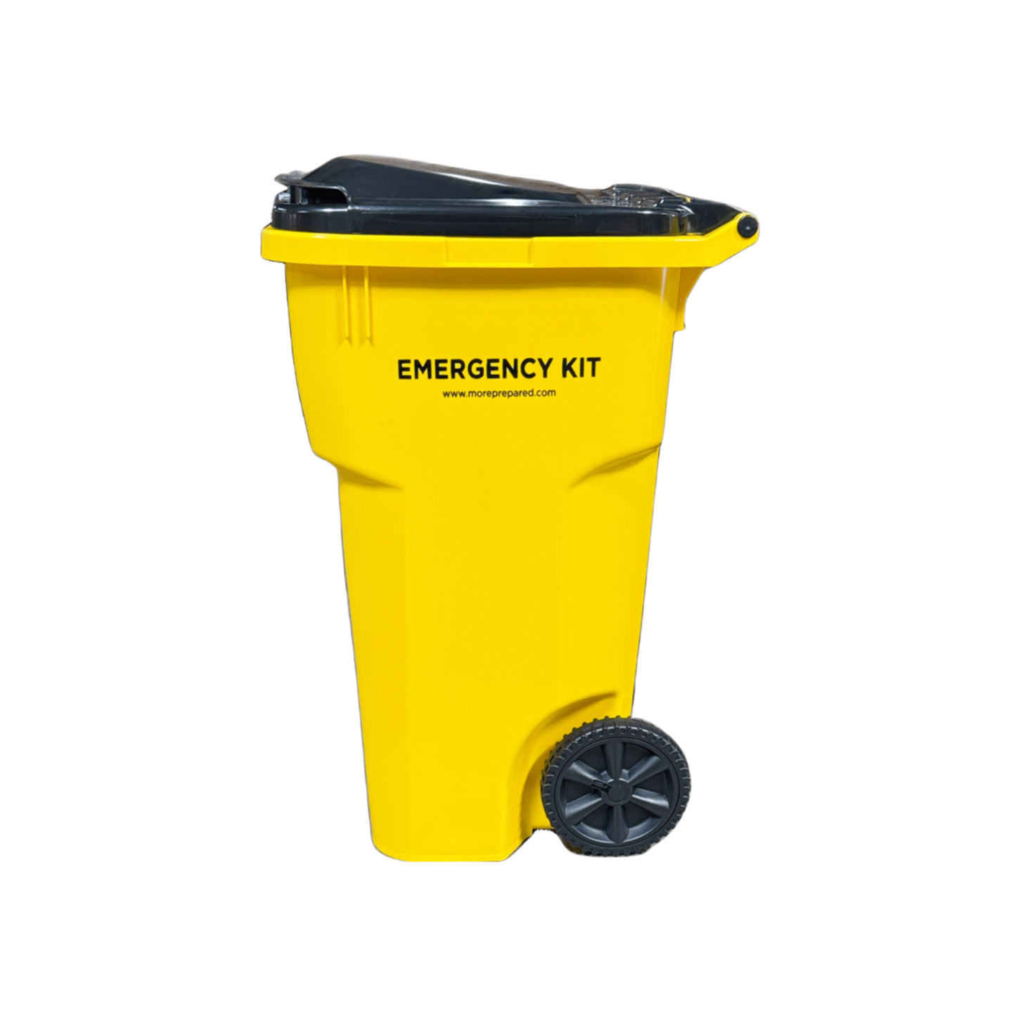 A bright yellow emergency kit storage bin with a black lid and a single black wheel, featuring the text 'EMERGENCY KIT' and a website printed on the front, isolated on a white background.
