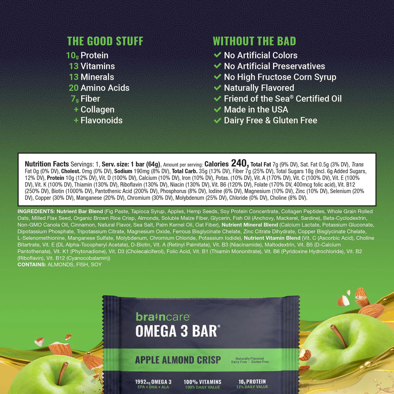 Nutrient Survival Braincare Omega 3 Bar - Apple Almond Crisp - Box of 8