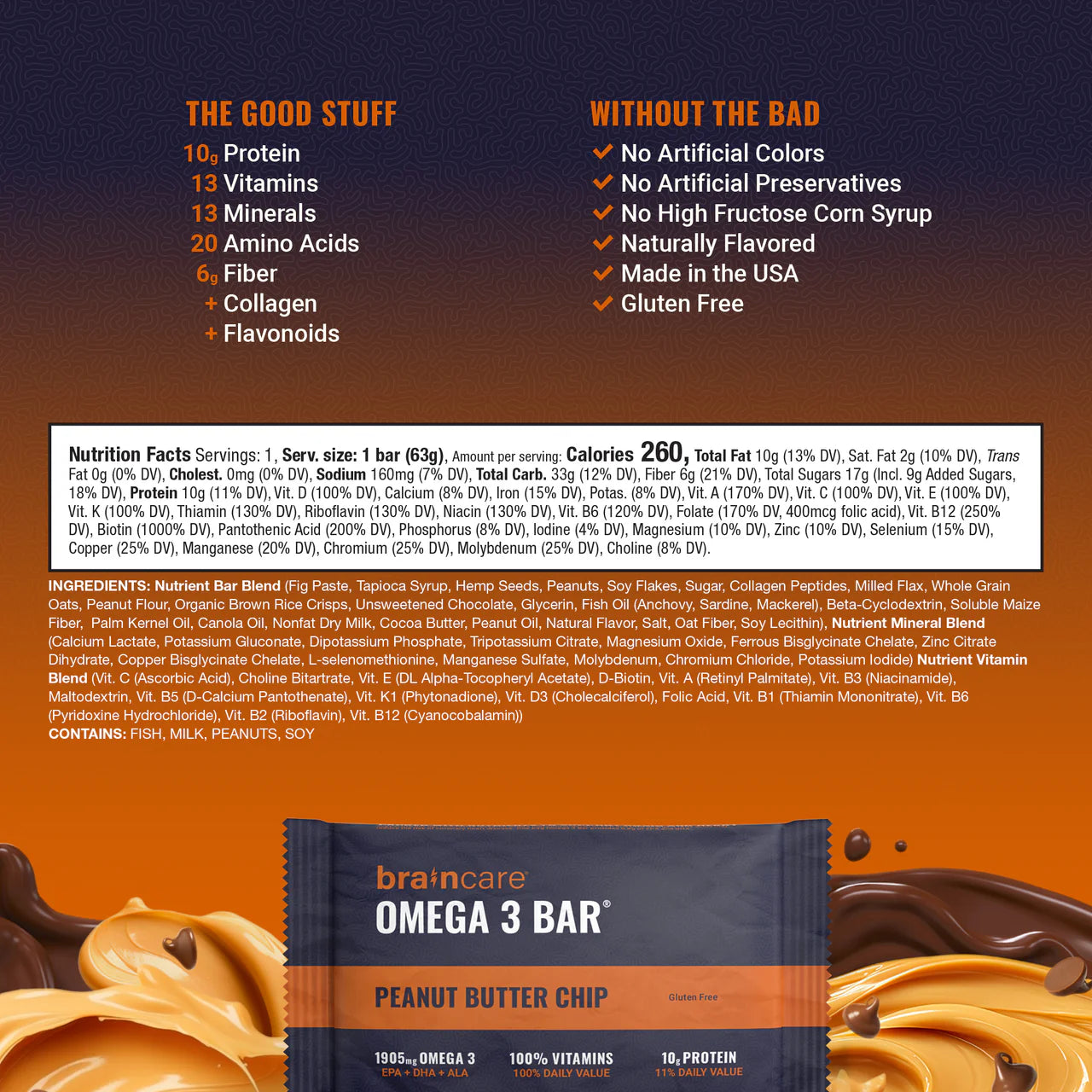 Nutrient Survival Braincare Omega 3 Bar - Peanut Butter Chip - Box of 8