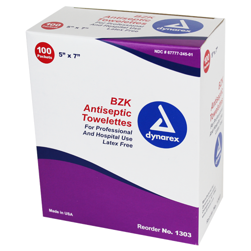 Box of Dynarex 1303 BZK antiseptic towelettes 