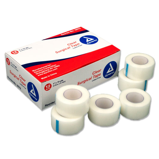 Box of Dynarex 3572 clear surgical tape with 6 loose rolls