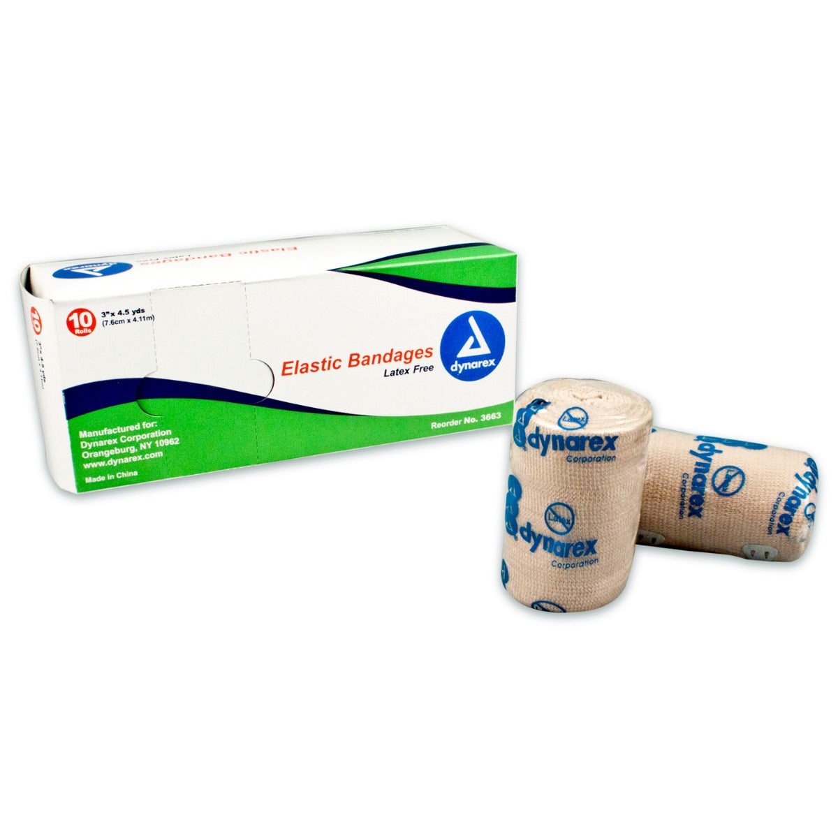 Box of Dynarex 3663 3" elastic bandage with 2 loose rolls