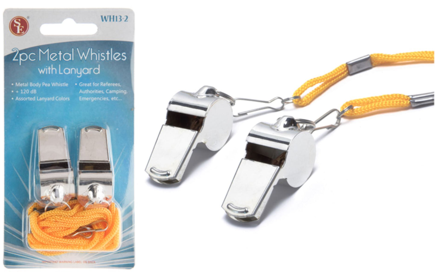 Packet of 2 metal whistles, each with a yellow lanyard