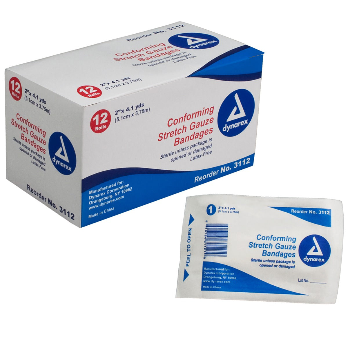 Box of Dynarex 3112 2" sterile gauze rolls with loose roll